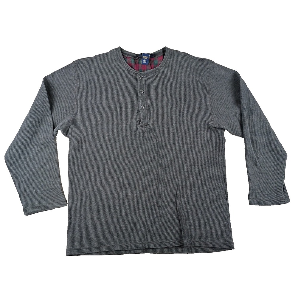 Club Room Men Gray Thermal Henley Shirt Large Cotton Waffle Knit Charter *Stitch